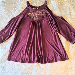 Plum Cold Shoulder Gold Sequin Top-L 3/4 Sleeve